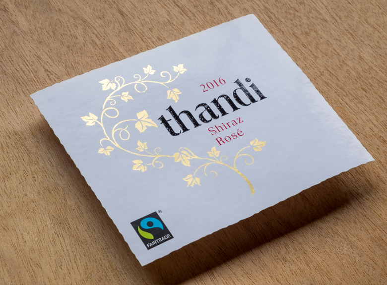 Finished Thandi Shiraz Rosé wine label with gold foil